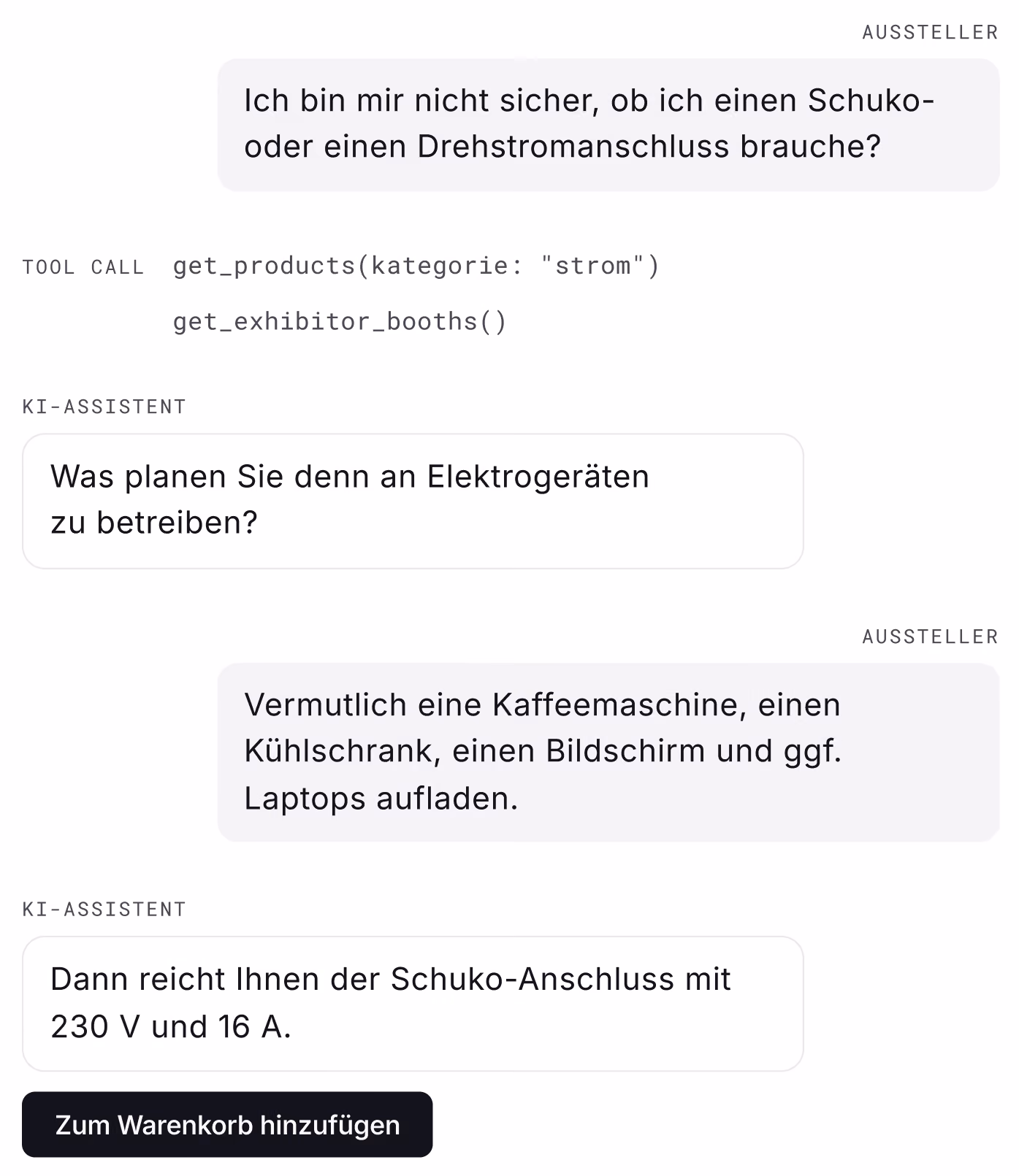 Chatverlauf im Ausstellerportal: Der Aussteller fragt nach Schuko oder Drehstrom, der KI-Assistent ruft Produkte und Standdaten ab, fragt nach den Geräten und empfiehlt den Schuko-Anschluss mit einem Button für den Warenkorb.