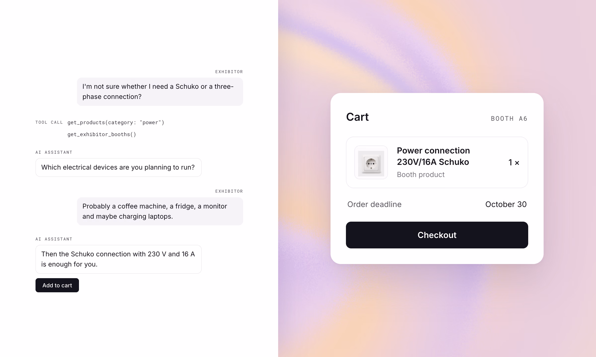 On the left, the exhibitor portal chat in which the AI agent asks about the devices and recommends the Schuko connection; on the right, the cart with the 230V/16A Schuko power connection for booth A6.