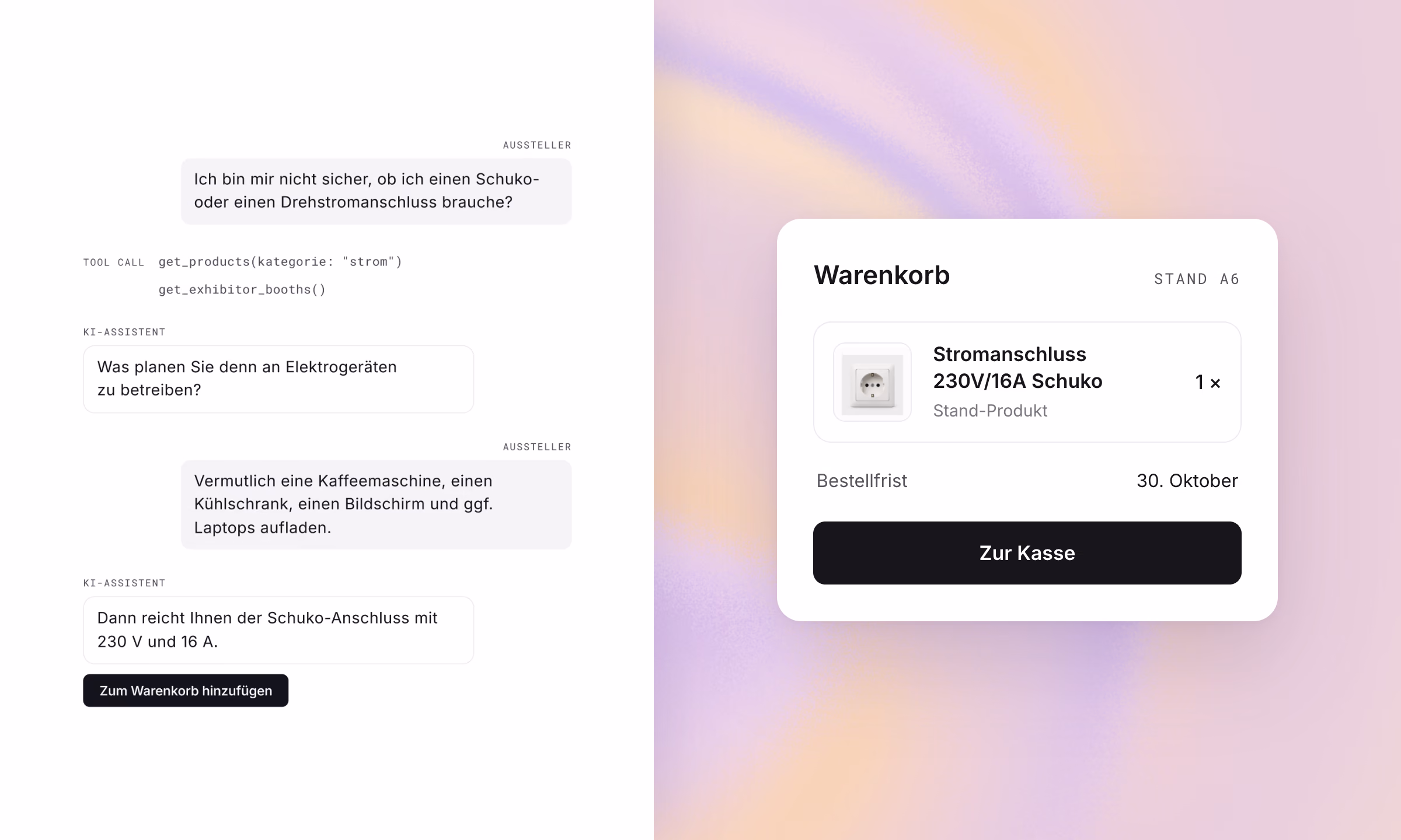 Links der Chat im Ausstellerportal, in dem der KI-Agent nach den Geräten fragt und den Schuko-Anschluss empfiehlt, rechts der Warenkorb mit dem Stromanschluss 230V/16A Schuko für Stand A6.
