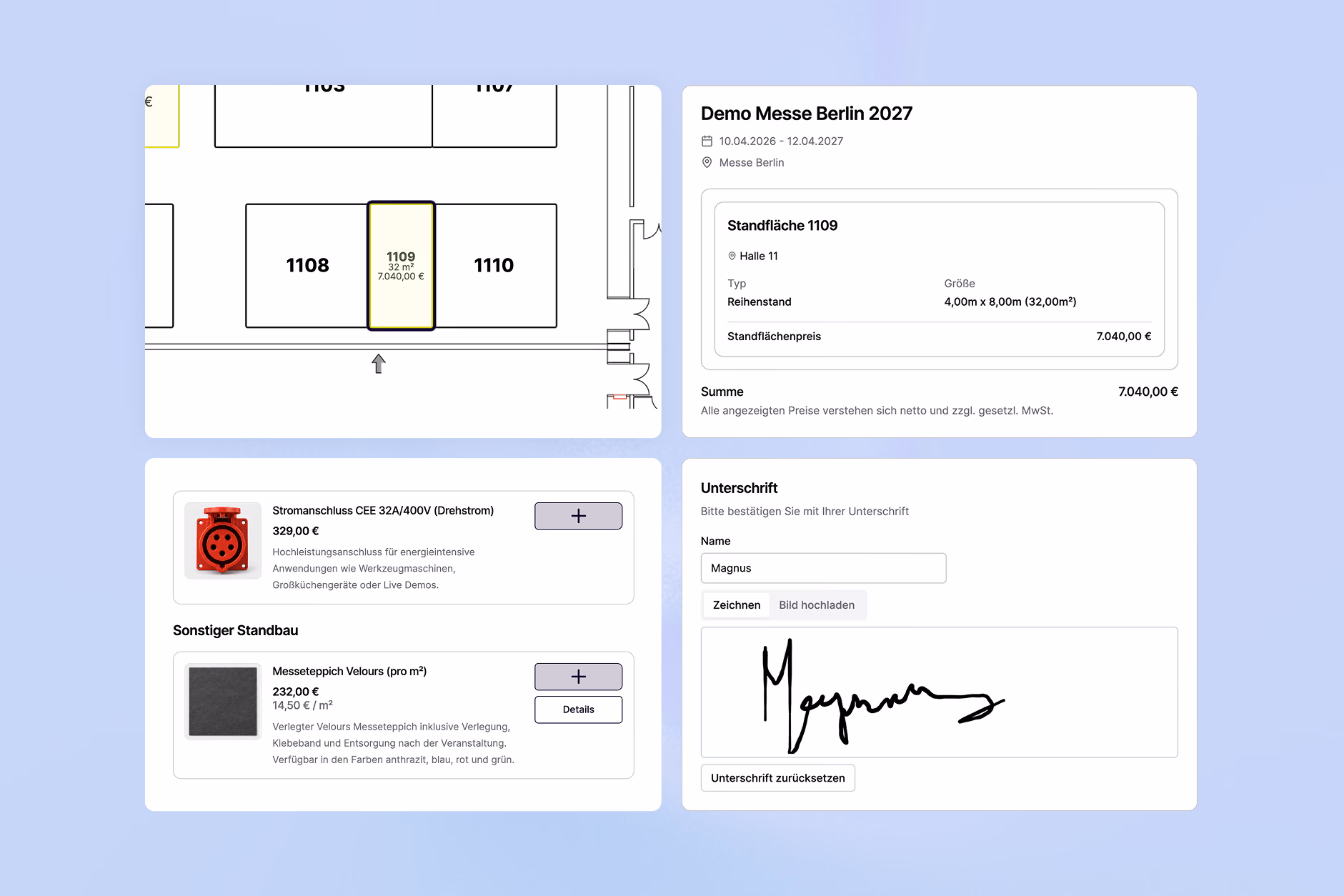Digital booth booking in Fairoo: booth space 1109 in the hall plan, the booking summary, add-on products such as a power connection and carpet, and the digital signature.